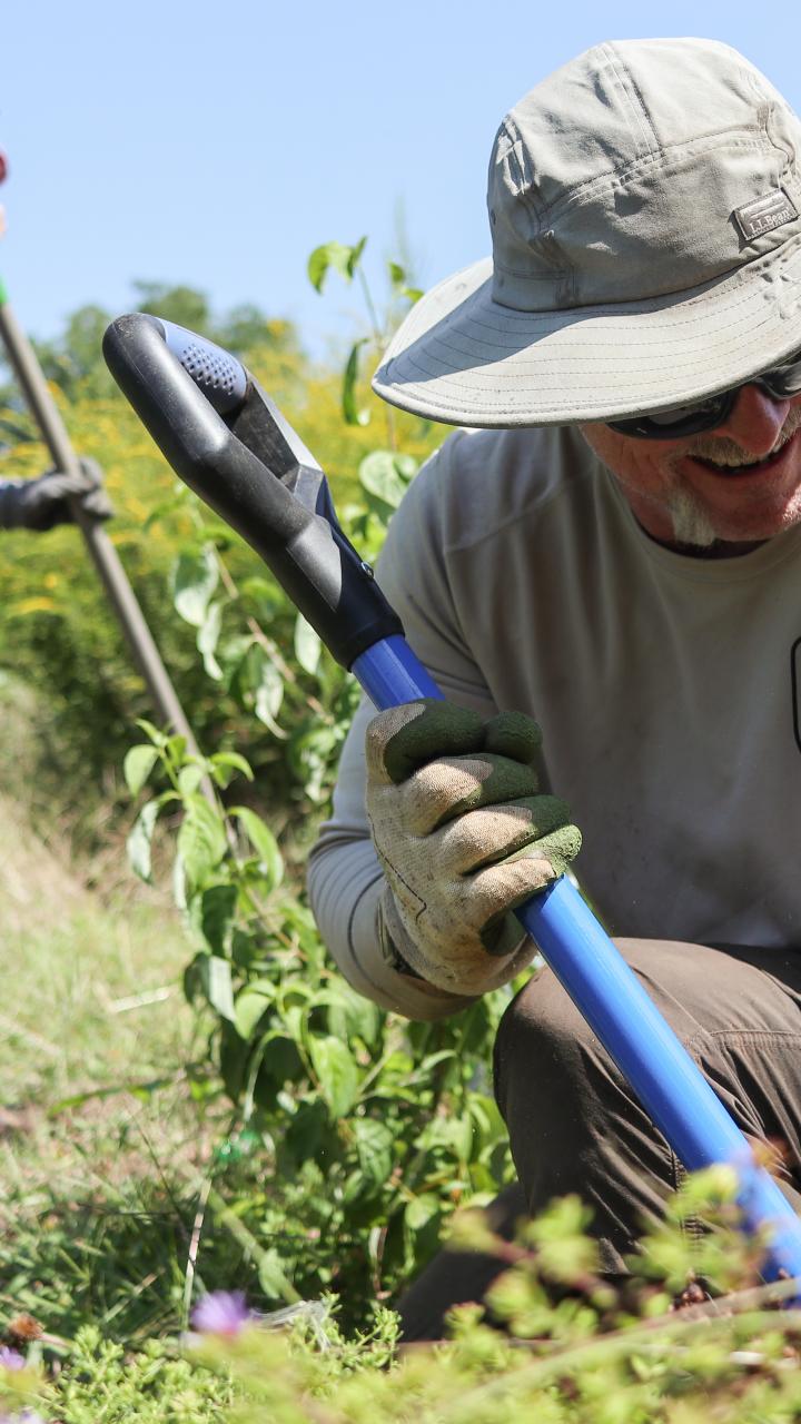 A USFWS biologist kneeling with a shovel while Warren Wilson College students work in a pollinator garden in Asheville, North Carolina.