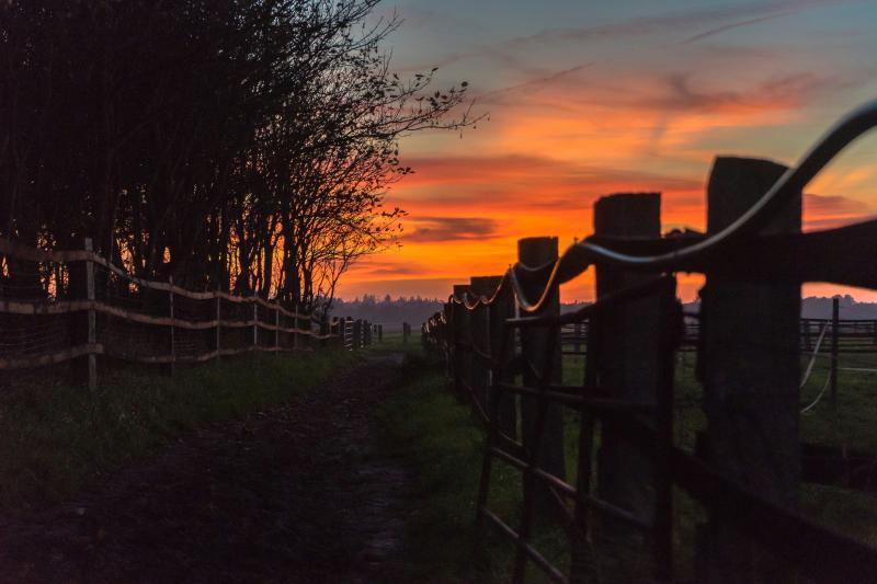 A white wooden fence stretches across open countryside under an orange sunset sky.