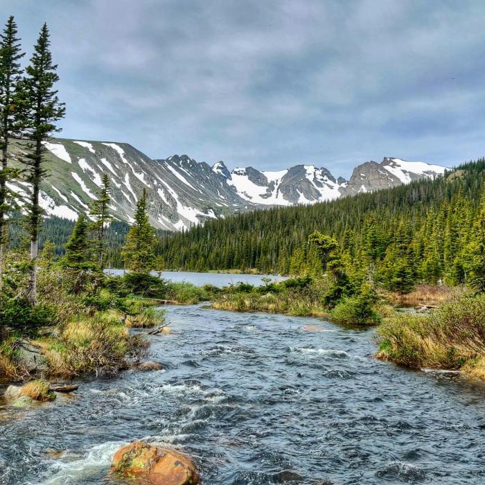 Green conifer trees along the shore of Long Lake with a snow-covered mountain in the background during daytime.
