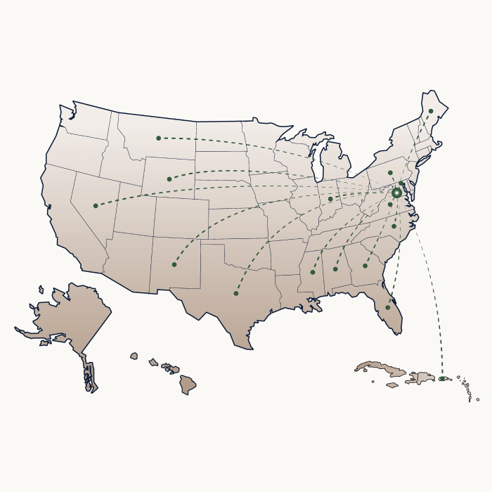 Map of the United States showing green dashed lines connecting attendee locations in more than a dozen states to a central point in Arlington, Virginia.