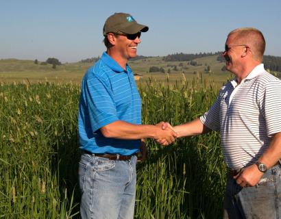 Two smiling men shaking hands in a field of tall grass in Montana's Blackfoot Valley.
